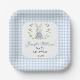 Plato De Papel Blue Little Bunny Boy Gingham Boho Baby Shower