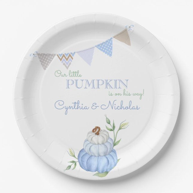 Plato De Papel Blue Little Pumpkin Patch Boy Baby Shower (Anverso)