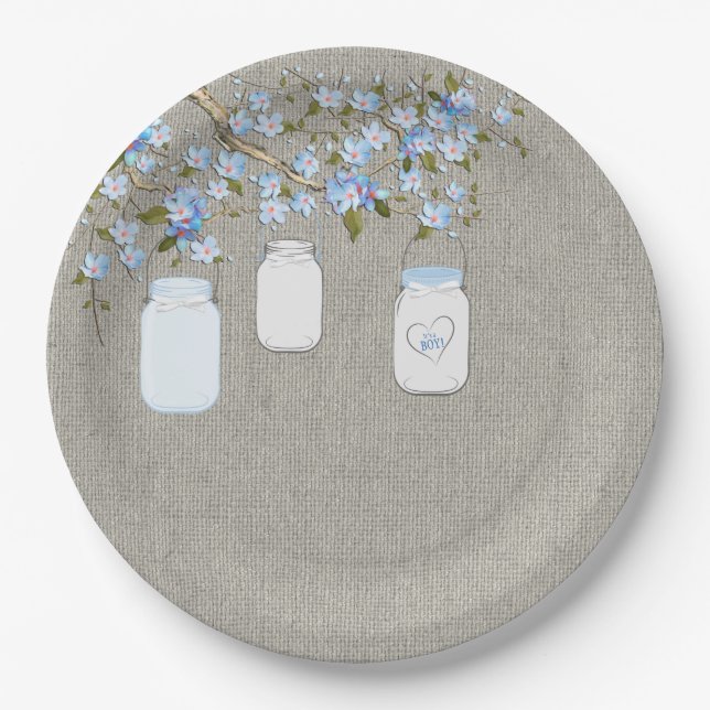 Plato De Papel Blue Mason Jar Burlap Boys Baby Shower (Anverso)