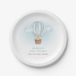Plato De Papel Blue Minimalista Bunny Hot Air Balloon Baby Shower