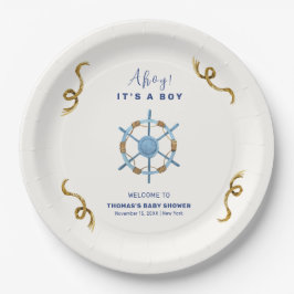 Plato De Papel Blue Modern Ahoy Nautical Boy Baby Shower