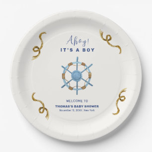 Plato De Papel Blue Modern Ahoy Nautical Boy Baby Shower