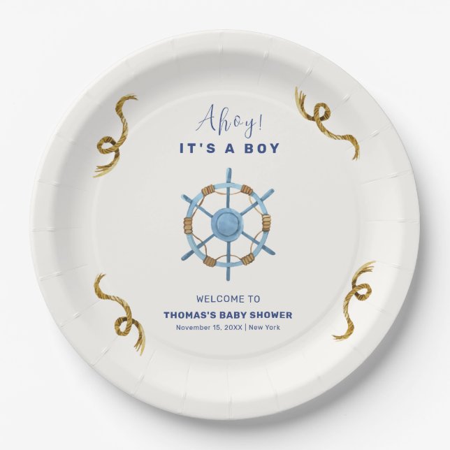 Plato De Papel Blue Modern Ahoy Nautical Boy Baby Shower (Anverso)