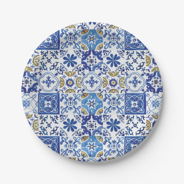 Plato De Papel Blue Mosaic Tiles Birthday Bridal Baby Shower (Anverso)