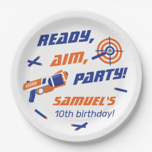 Plato De Papel Blue, Naranja Dart War Birday Party, Any Age