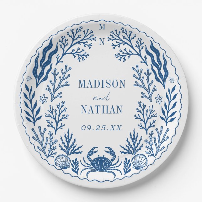 Plato De Papel Blue Nautical Crab Shell Ocean Beach Wedding (Anverso)