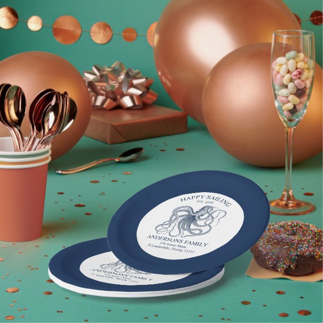 Plato De Papel Blue nautical octopus illustration (Multi)