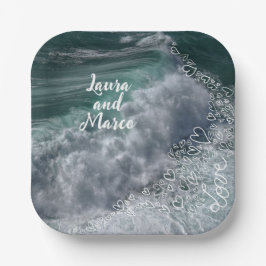 Plato De Papel Blue ocean with drawn hearts