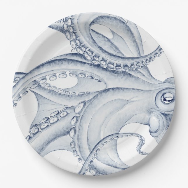 Plato De Papel Blue Octopus Cephalopod Kraken Ink (Anverso)