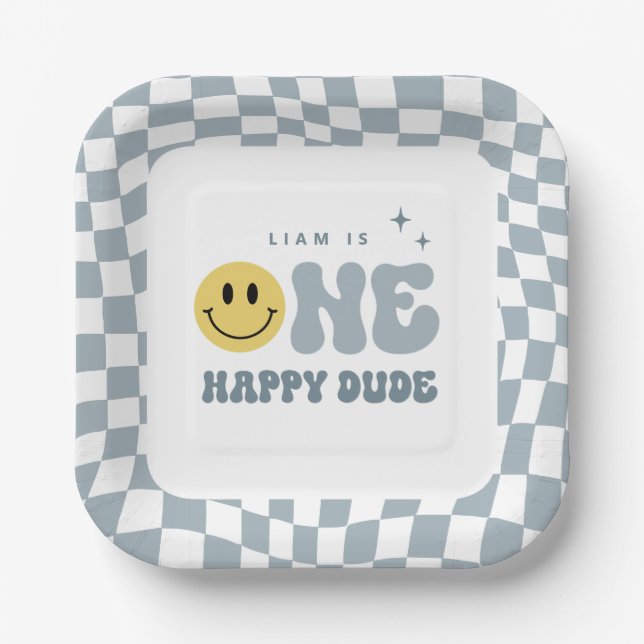 Plato De Papel Blue ONE Happy Dude Birthday Party Plates (Anverso)