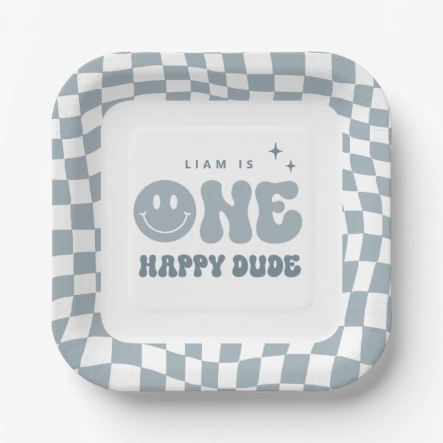 Plato De Papel Blue ONE Happy Dude Birthday Party Plates (Anverso)