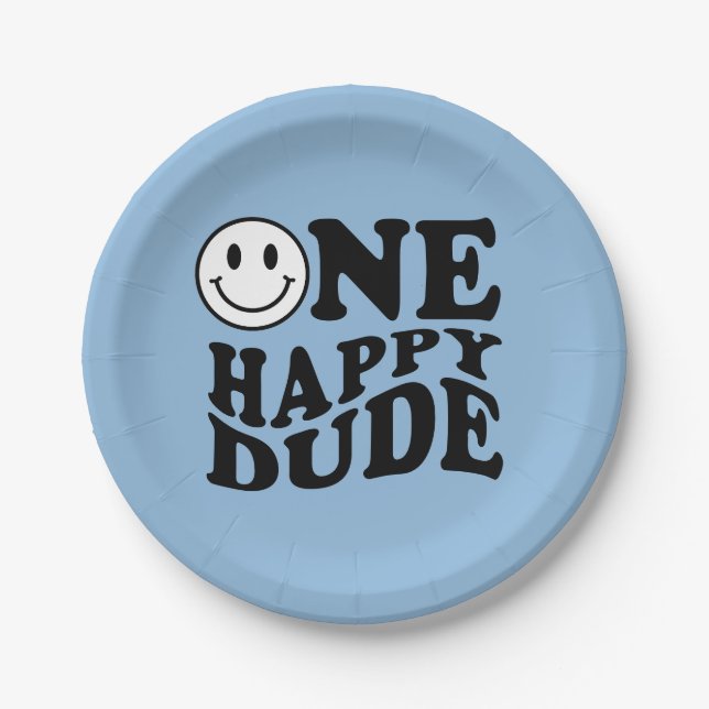 Plato De Papel Blue One Happy Dude | Primer cumpleaños de Preppy  (Anverso)