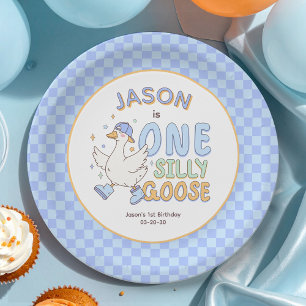 Plato De Papel Blue One Silly Goose - Cumpleaños del Primer Niño
