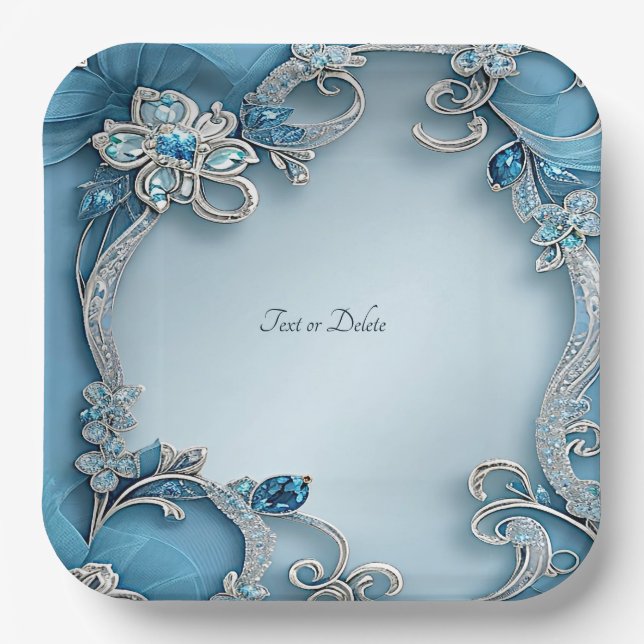 Plato De Papel Blue Ornate Floral Paper Plate (Anverso)