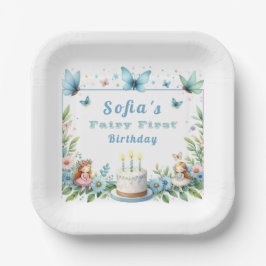 Plato De Papel Blue Pastel Butterfly Fairy First Birday -