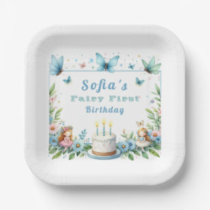 Plato De Papel Blue Pastel Butterfly Fairy First Birday -