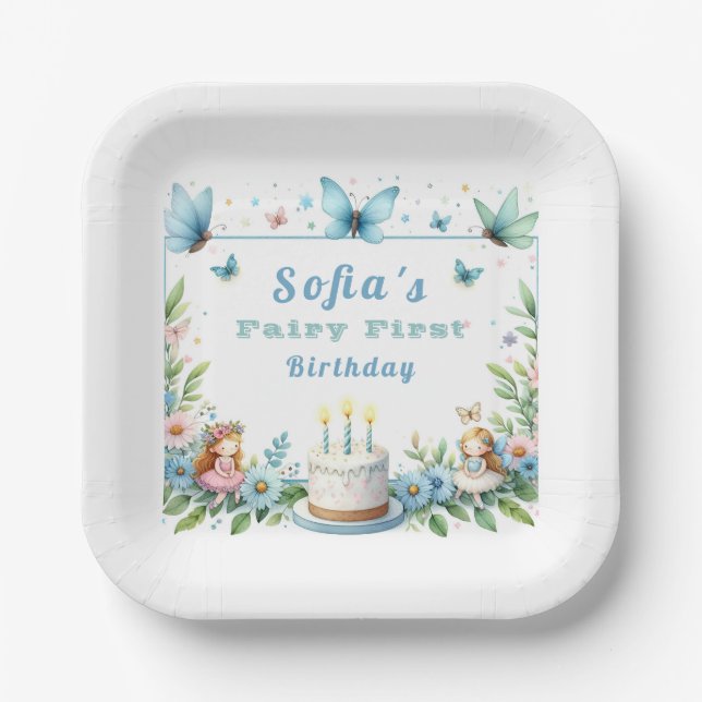 Plato De Papel Blue Pastel Butterfly Fairy First Birday - (Anverso)