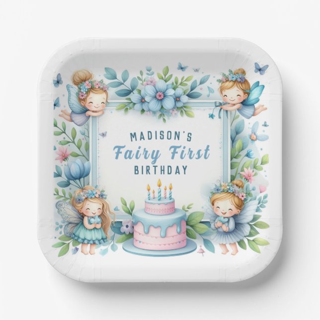 Plato De Papel Blue Pastel Floral Fairy First Birday - (Anverso)