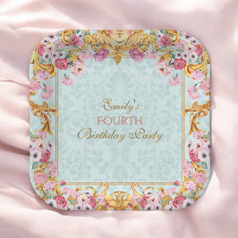 Plato De Papel Blue Pastel Gold Cuarto cumpleaños barroco rococó