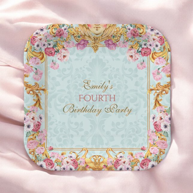 Plato De Papel Blue Pastel Gold Cuarto cumpleaños barroco rococó (Subido por el creador)