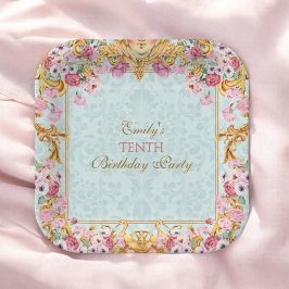 Plato De Papel Blue Pastel Gold Décimo cumpleaños barroco rococó