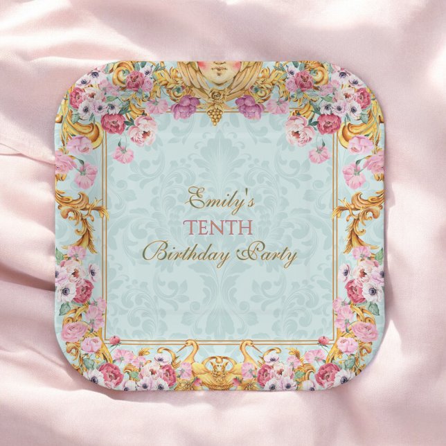Plato De Papel Blue Pastel Gold Décimo cumpleaños barroco rococó (Subido por el creador)
