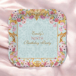 Plato De Papel Blue Pastel Gold Noveno cumpleaños barroco rococó