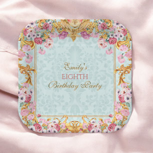 Plato De Papel Blue Pastel Gold Octavo cumpleaños barroco rococó