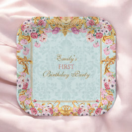 Plato De Papel Blue Pastel Gold Primer Barroco Cumpleaños Rococo