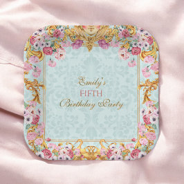 Plato De Papel Blue Pastel Gold Quinto cumpleaños barroco rococó