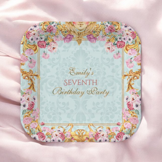 Plato De Papel Blue Pastel Gold Séptimo cumpleaños barroco rococó (Subido por el creador)