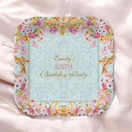 Plato De Papel Blue Pastel Gold Sexto cumpleaños barroco rococó