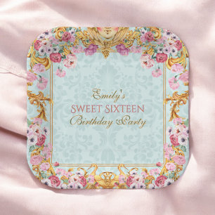 Plato De Papel Blue Pastel Gold Sweet 16 cumpleaños barroco rococ