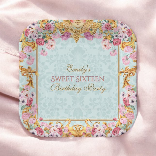Plato De Papel Blue Pastel Gold Sweet 16 cumpleaños barroco rococ (Subido por el creador)