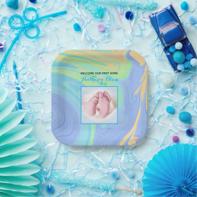 Plato De Papel Blue Pastel Welcome First Born Photo (Fiesta)