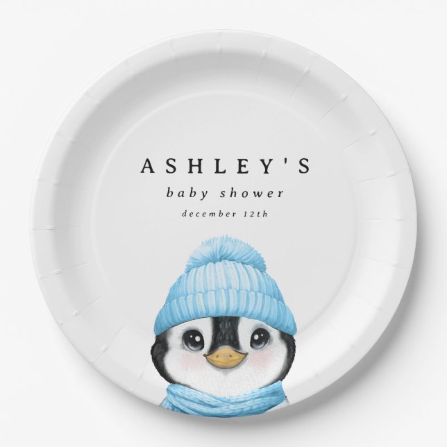 Plato De Papel Blue Penguin Winter Baby Shower (Anverso)