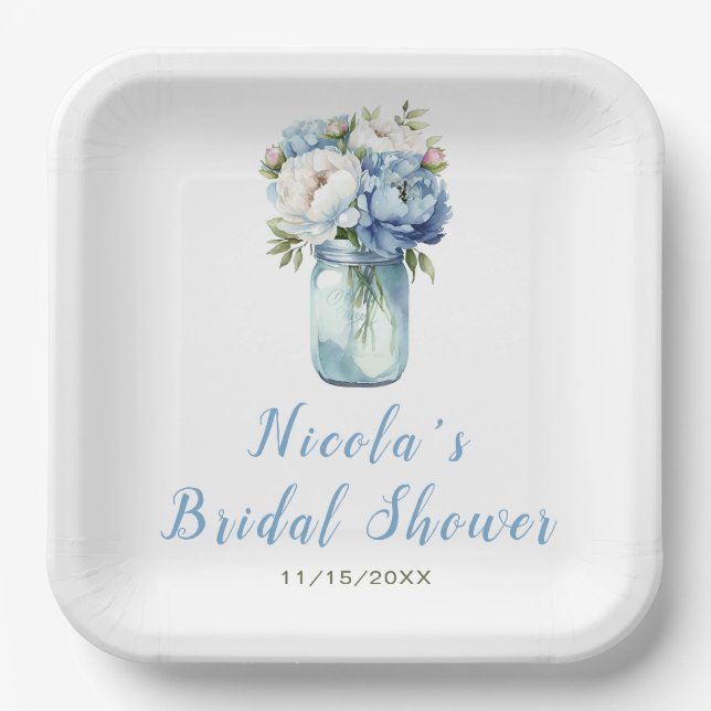 Plato De Papel Blue Peonies Mason Jar Bridal Shower (Anverso)
