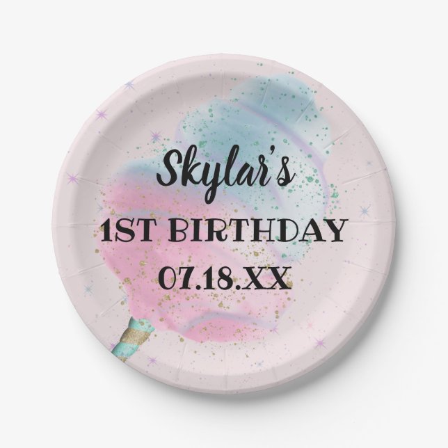 Plato De Papel Blue Pink Cotton Candy BronzeGold Purpurina Cumple (Anverso)