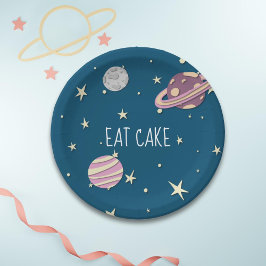 Plato De Papel Blue Pink Eat Cake Space Estrellas Amarillas