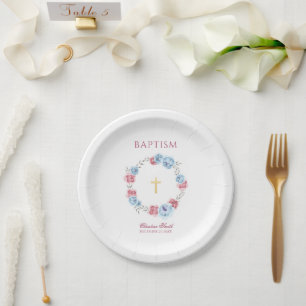 Plato De Papel Blue Pink Floral Watercolor Baptism