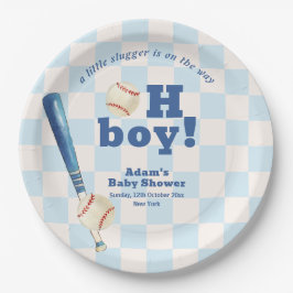 Plato De Papel Blue Plaid Little Slugger Baseball Baby Shower 