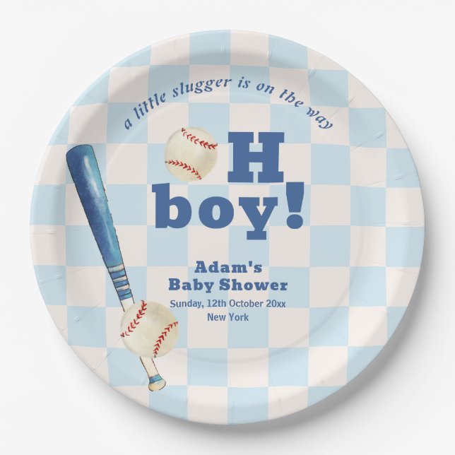 Plato De Papel Blue Plaid Little Slugger Baseball Baby Shower  (Anverso)