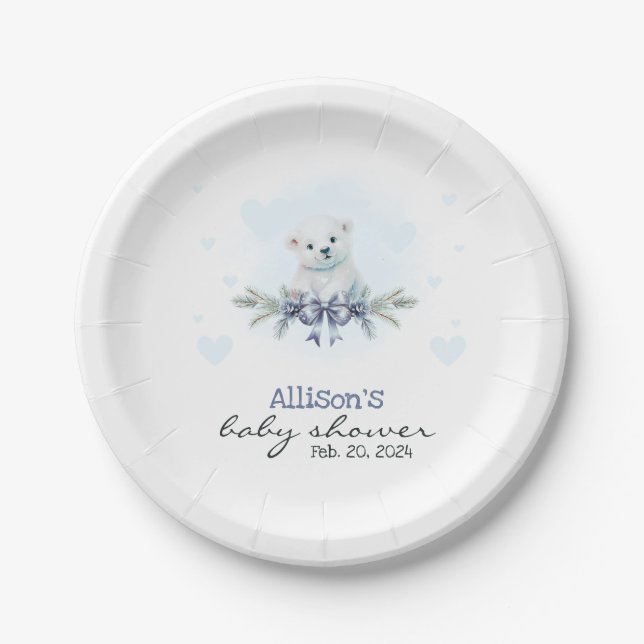 Plato De Papel Blue Polar Bear Cub Boy Heart Winter Baby Shower (Anverso)