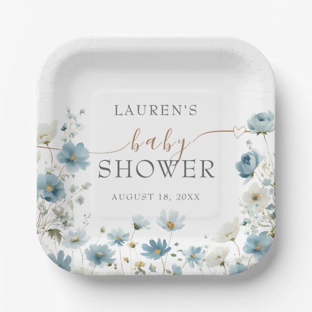 Plato De Papel Blue Preppy Flowers Watercolor Baby Shower (Anverso)