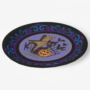 Plato De Papel Blue Purple Black Cat Tombstone murmuran Halloween