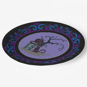 Plato De Papel Blue Purple Black Cats Tombstone Tree Halloween
