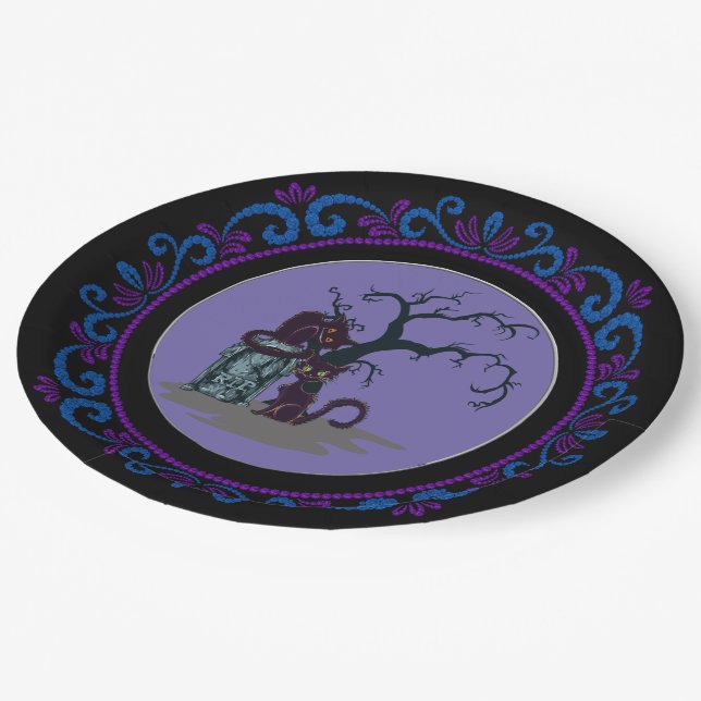 Plato De Papel Blue Purple Black Cats Tombstone Tree Halloween (Angular)