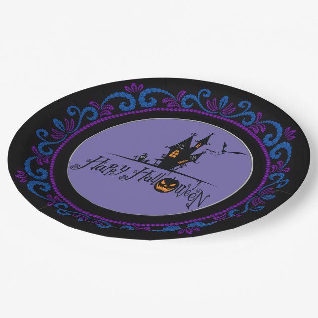 Plato De Papel Blue Purple Happy Halloween Hauned House (Angular)