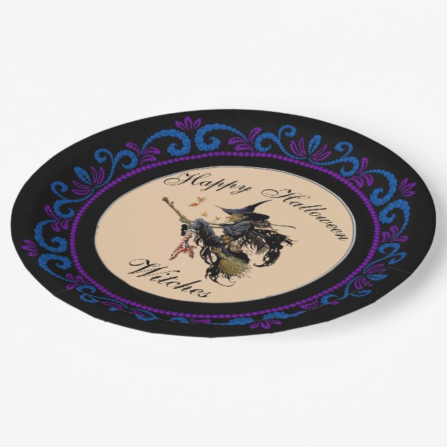 Plato De Papel Blue Purple Happy Halloween Witness Broom (Angular)