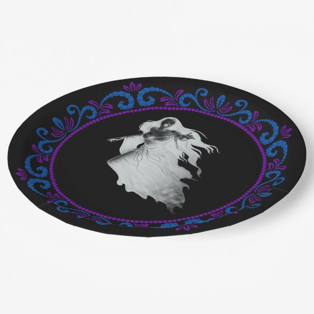 Plato De Papel Blue Purple Lady En White Ghost Halloween (Angular)